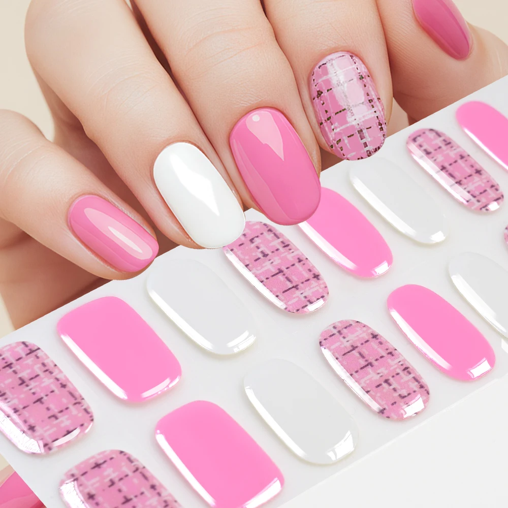 16Tips Pink Tweed Pattern Nail Stickers Semi Cured Gel Nails Wrap Oval Full Cover Adhesive Decals for Women DIY Salon Manicure