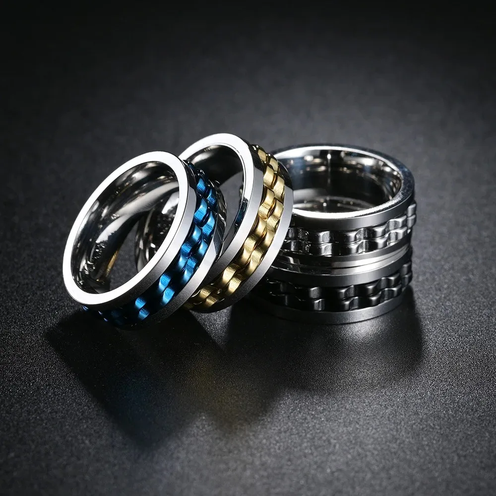 Fashion Anti Stress Stainless Steel Rings For Men Gear Chain Rotating Anxiety Relief Spinning Fidget Rings Hiphop Punk Jewelry