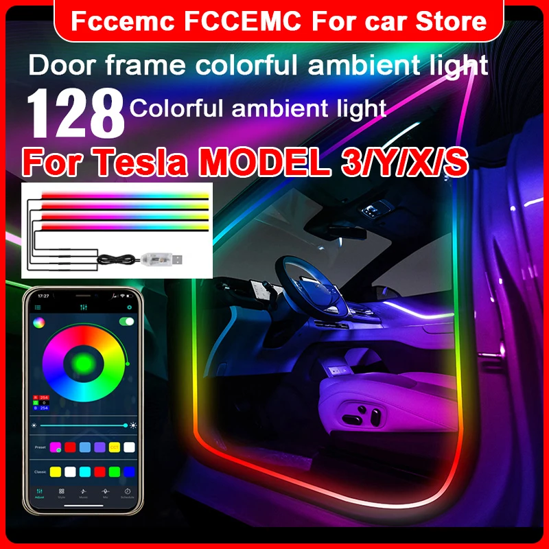 For Tesla MODEL 3/Y/X/S 128-Color Car Door Ambient Light USB Led Lamp Music-Controlled Rhythm Light Strip Wireless App/Remote