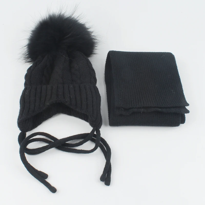 Real Fur Pompom Beanie Winter Hat Scarf For Kids Wool Knitted Baby Hat Ear Protection Fleece Inside Warm Skullies Beanies