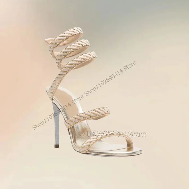 

Beige Crystal Hemp Rope Open Toe Twine Sandals Slip On Women Shoes Thin High Heels Novel Fashion Party 2023 Zapatos Para Mujere