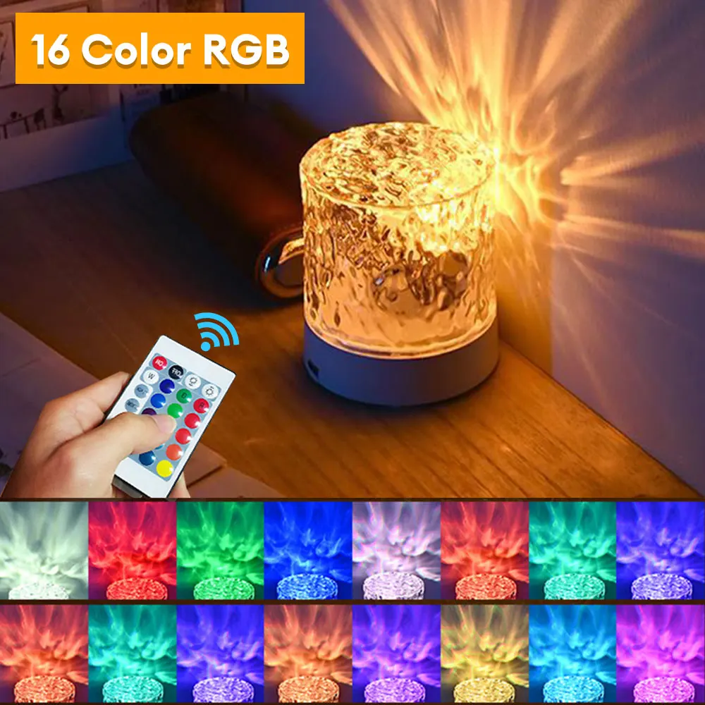 Water Ripple Projector Night Light Crystal Lamp 16 Color Changing Ambient Light Home Houses Bedroom Holiday Gift Sunset Lights