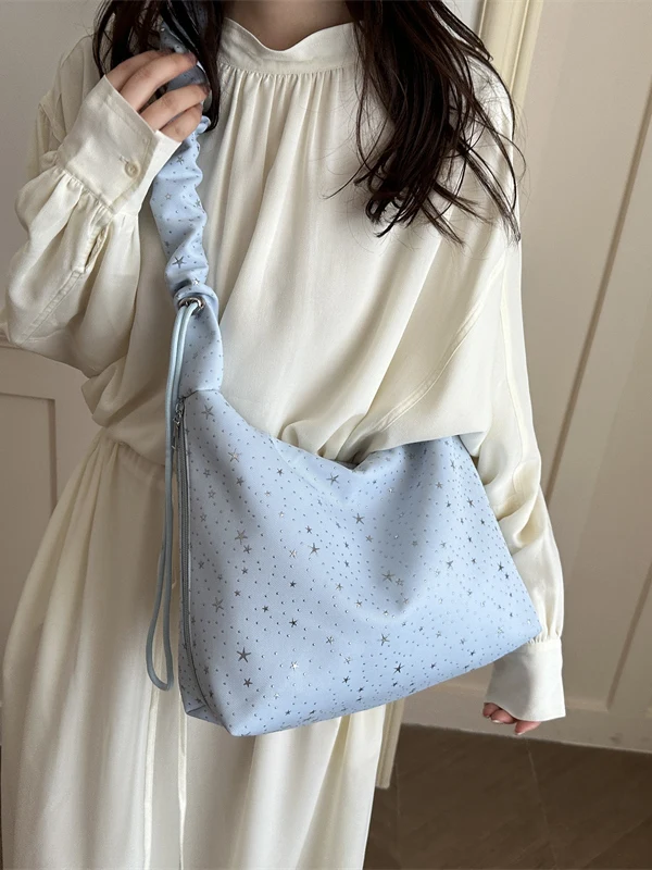 2026 New Fashion Versatile Pleated Single Shoulder Slant Crossbody Bag Large Capacity Stars Sweet Style Commuting Casual Tote...