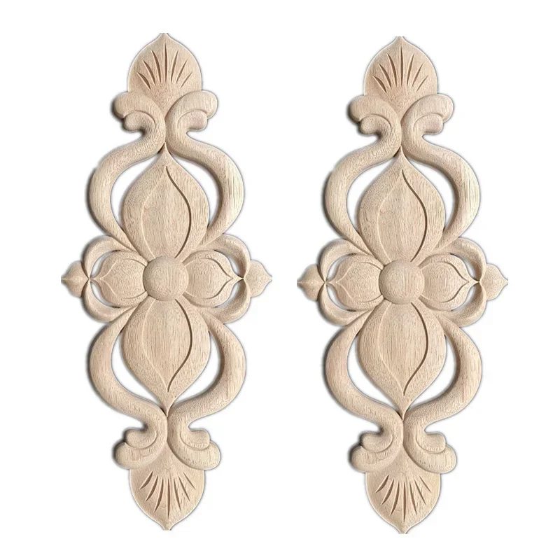 2PCS 46cm Natural Wooden Floral Figurines Crafts Furniture Parts Corner Appliques Frame Woodcarving Decorative Wood Carved