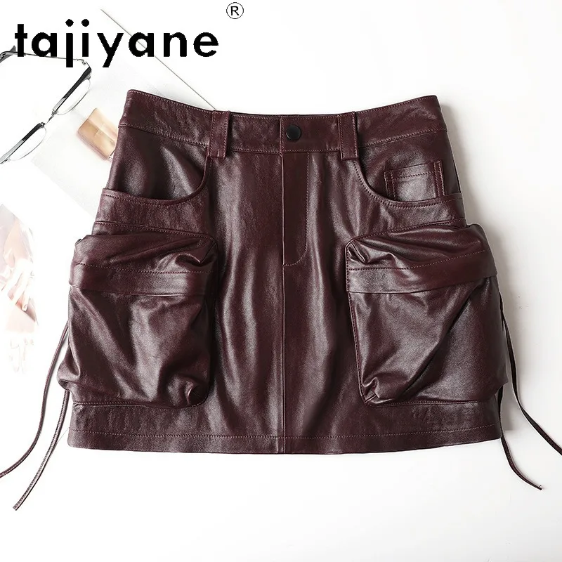 TAJIYANE Genuine Leather Skirt Oil Wax Sheepskin Women's Skirts Y2k Cargo Skirts 2026 Woman Mini Skirt 3D Pockets Zipper Юбка