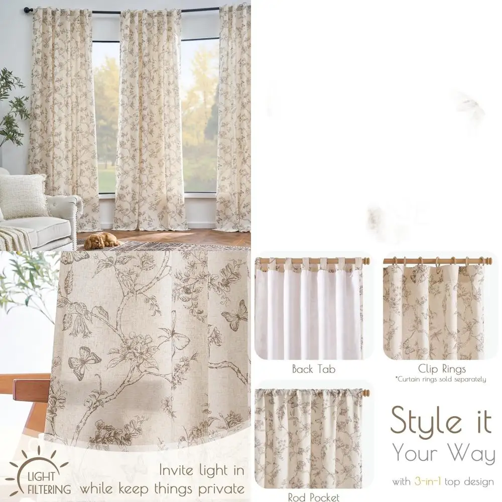 

Linen Taupe Floral 84 Farmhouse Curtains with Back Tabs for Living Spaces, Light Filtering, 2-Panel Set