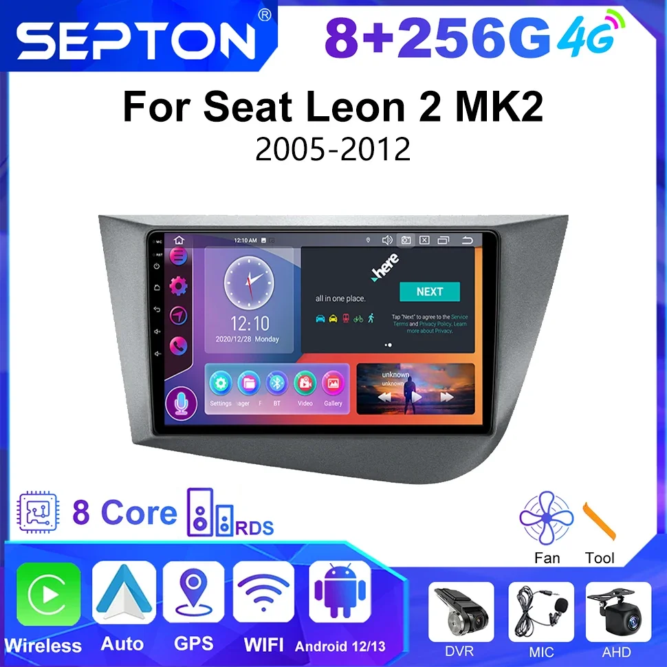 

SEPTON 9'' Car Stereo Radio For Seat Leon 2 MK2 2005-2012 4G Android 12 Auto Navigation GPS CarPlay Multimedia Vedio Player 2Din