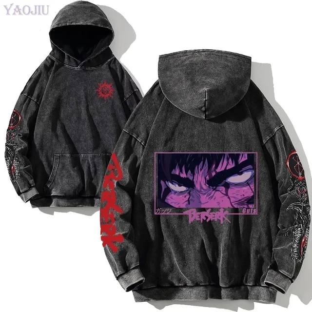 Berserk Manga Men's Hoodies Long Sleeves Washed Cotton Sweatshirts Vintage Gothic Anime Oversized Comfortable Soft Streetwear