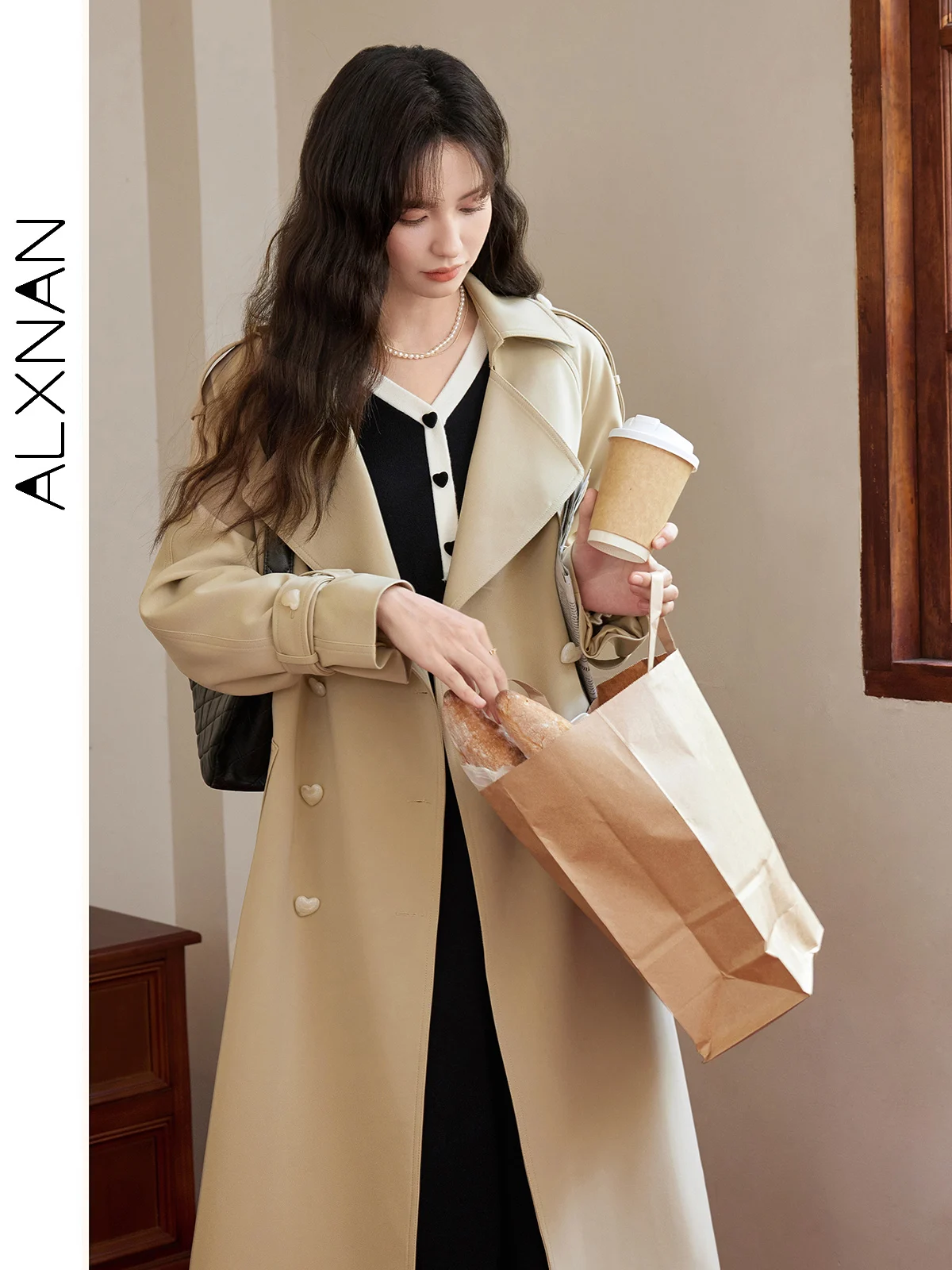 ALXNAN Women\'s Elegant Slimming Dress Trendy Fake 2 Piece Patchwork A-line V-neck 2024 Autumn Female Commuter Midi Dress L50612