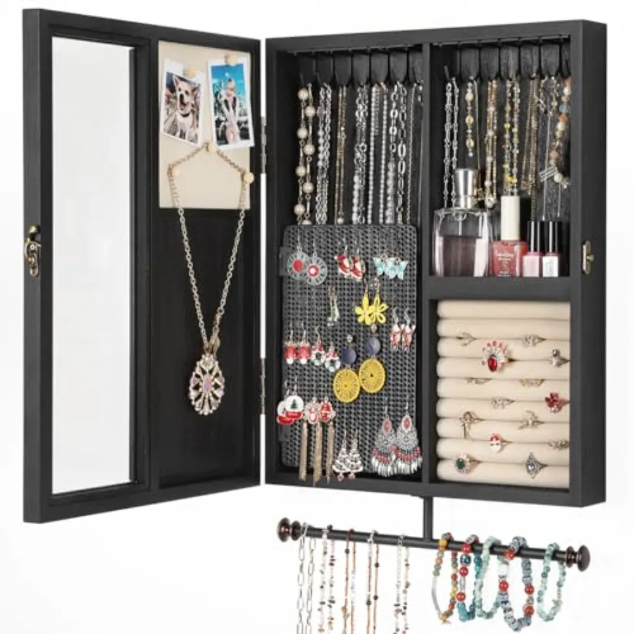 Wall Mounted Jewelry Organizer With Rustic Wood Large Space Jewelry Cabinet Holder Storage Box for Necklaces Earrings Bracelets