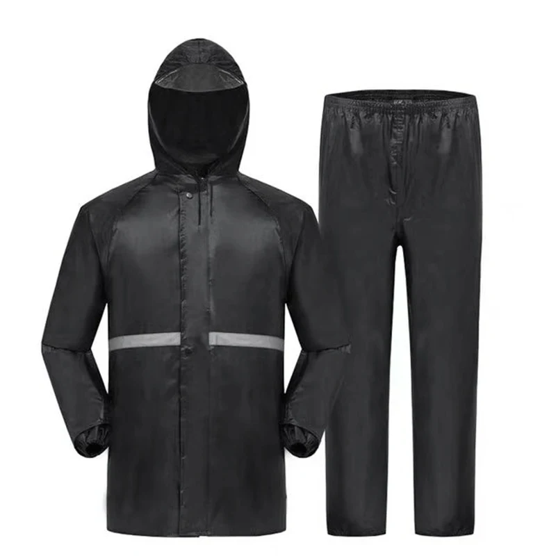 Men Women 2Pcs Hooded Waterproof Rain Suit, Coat with Pants & Reflective Strips, Outdoor Rainwear for Motorcycle Riding