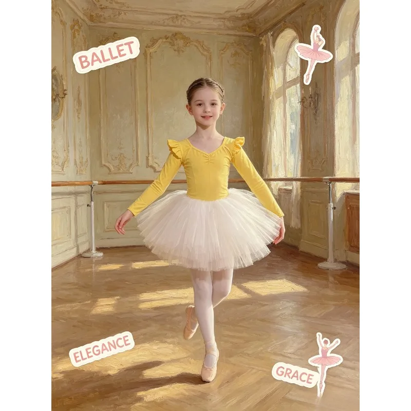 Ballet 2Pcs Split Tutu Set Long Sleeve Pure Soft Elastic Autumn Dance Outfit Grade Exam Daily Training Stage Competition Recital