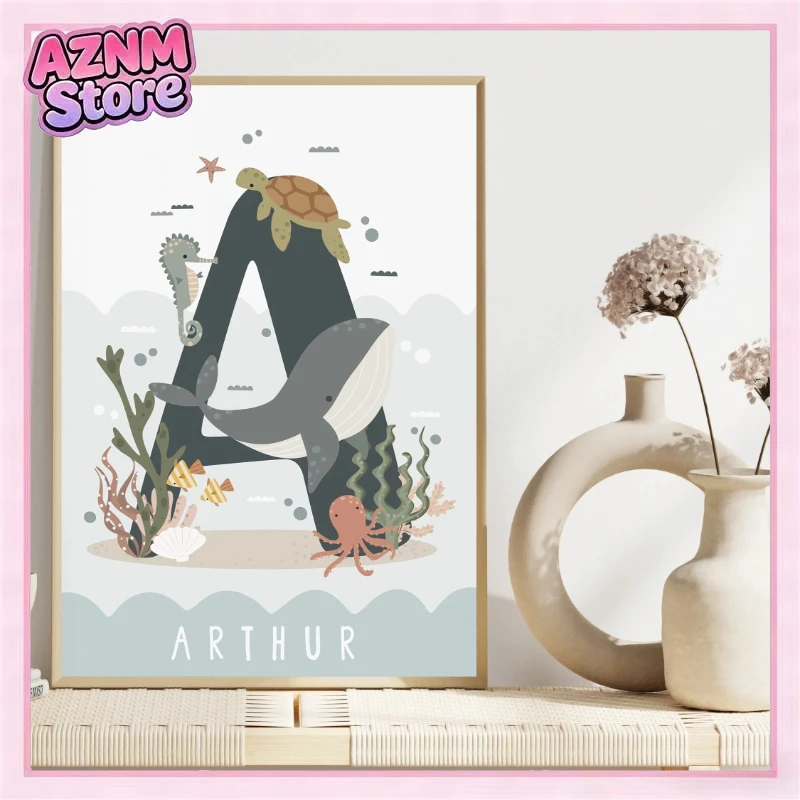 Cartoon Marine Life Posters Underwater World Alphabet Teaching Dolphin Modern Prints Canvas Wall Pictures Home Living Room De