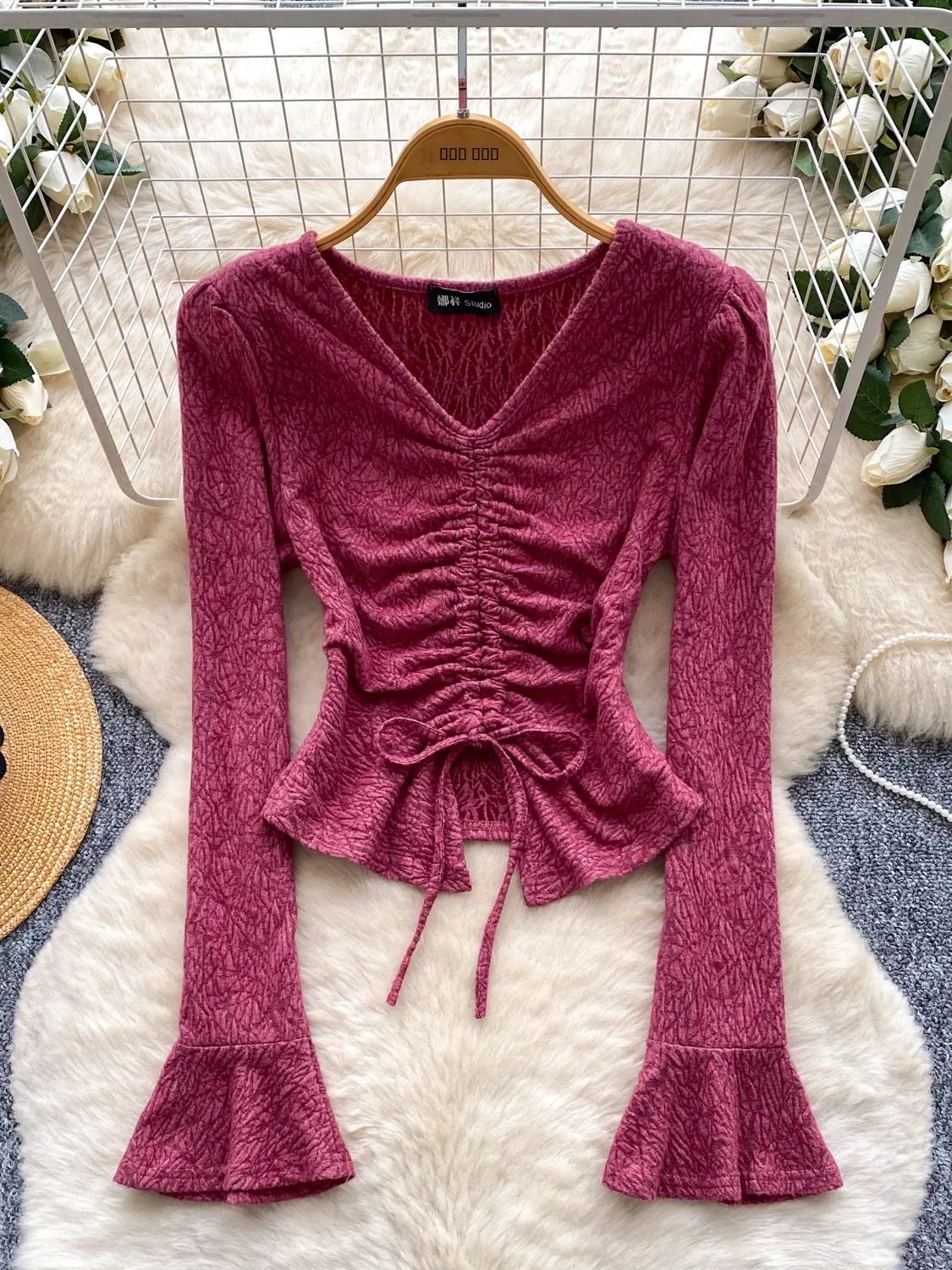 Top in maglia plissettata retrò V-Ne Dstring Faionable da donna lungo Sve dimagrante pendolarismo versatile irt Trendy