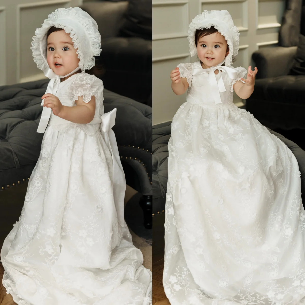 Customized Lace Christening Gown for Baby Short Sleeve First Communion Dress Infant Toddler Girls Baptism Dresses