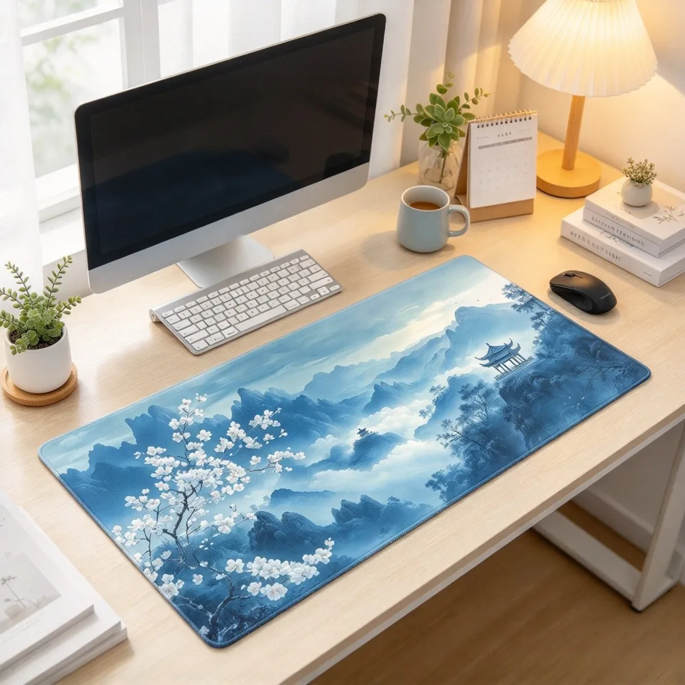 Guofeng Bluegrass Landscape Ancient Pavilion Extra Large Mouse Pad, made of micro-woven fabric and natural rubber keyboard pad
