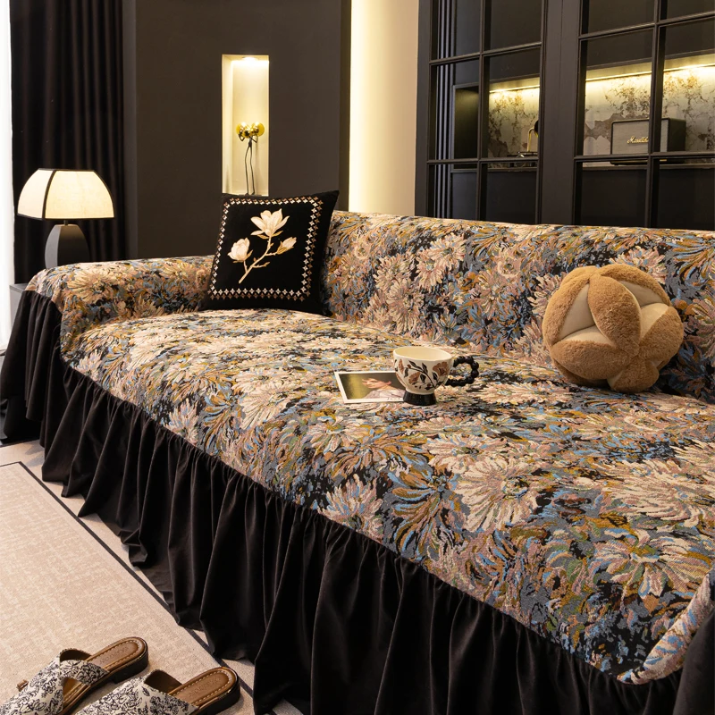 

Чехол на диван с рюшами, элегантный черный двусторонний чехол для 2/3/4-местного дивана, эластичный защитный чехол, всесезонное одеяло для дивана