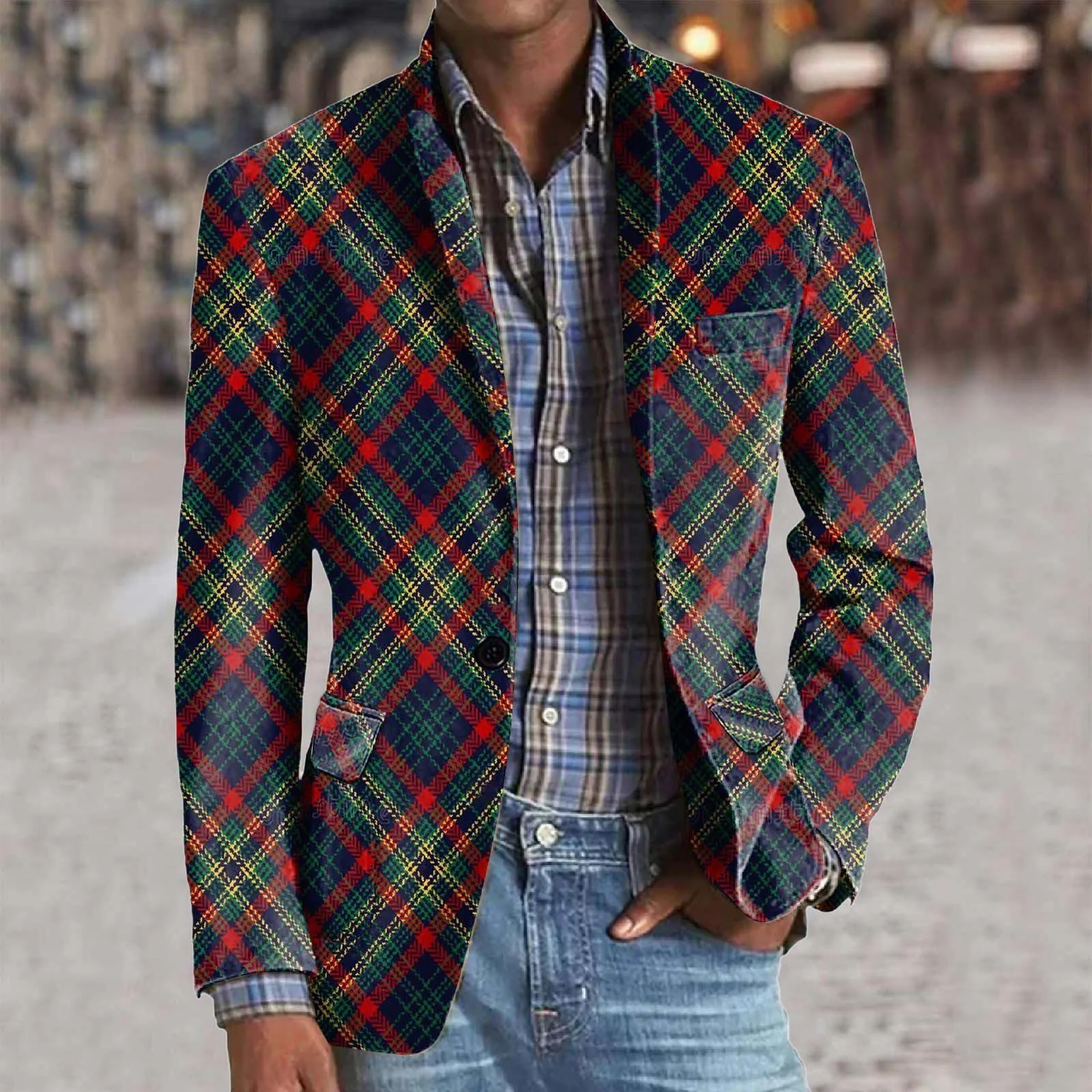 Retro Pattern Print Men Casual Suit Blazer Autumn Turn-down Collar Business Outwear Autumn Single Button Man Jacket Coat