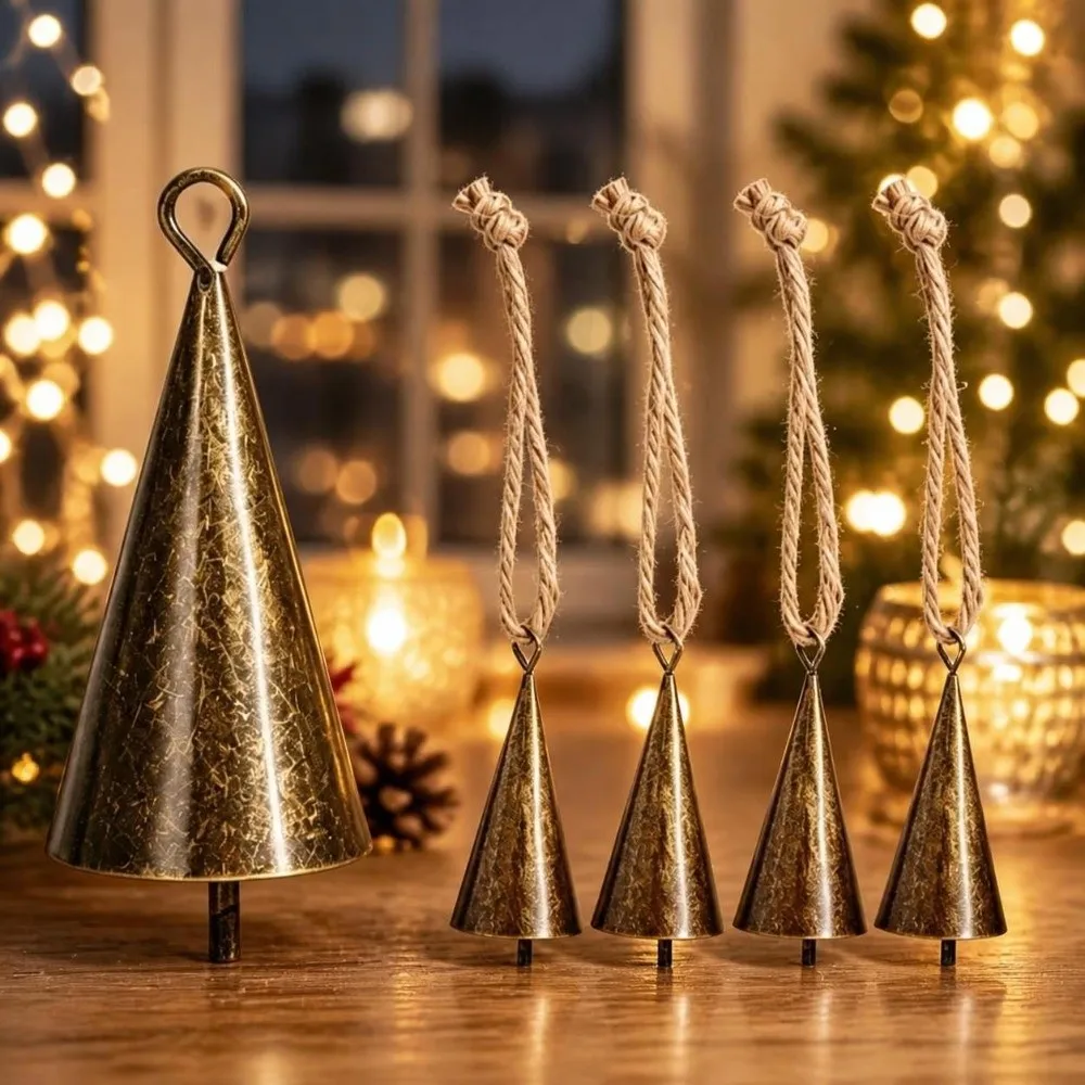 Vintage Hangable Christmas Cone Metal Bell Conical Hollow Hanging Bell Durable Bronzed Craft Bell Festival Ornament