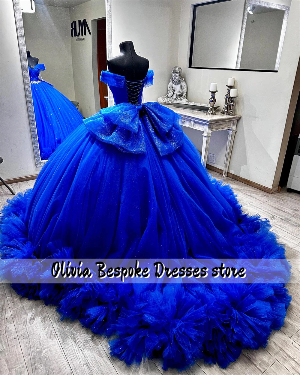 King Blue Tulle Ruched Train Quinceanera Dresses With Bow Silvery Waist Ball Gown Mexico vestidos de 15 años quinceañeras 2024