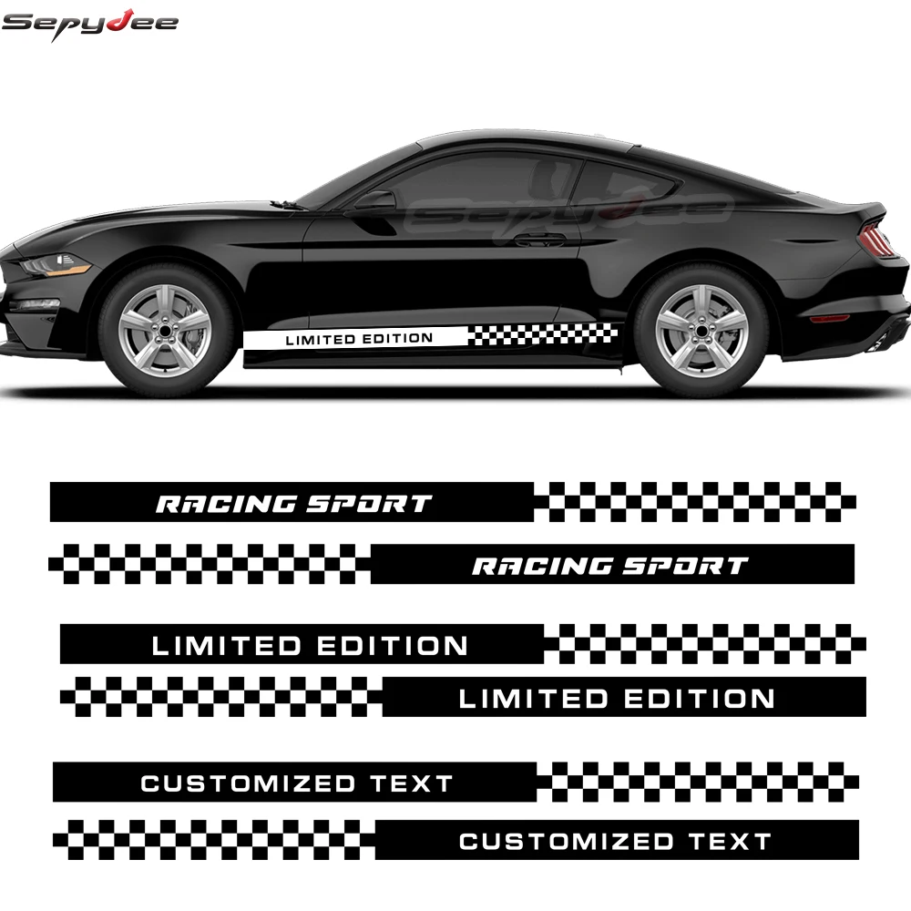 2Pcs Racing Sport Car Door Side Skirt Stickers Lattice Graphic Text Customized Stripes Vinyl Decals for Ford Mustang Accessories