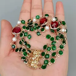 KKGEM 4 Strands  Green Crystal  Cultured White Pearl Rosary Chain Bracelet Beaded Jewelry