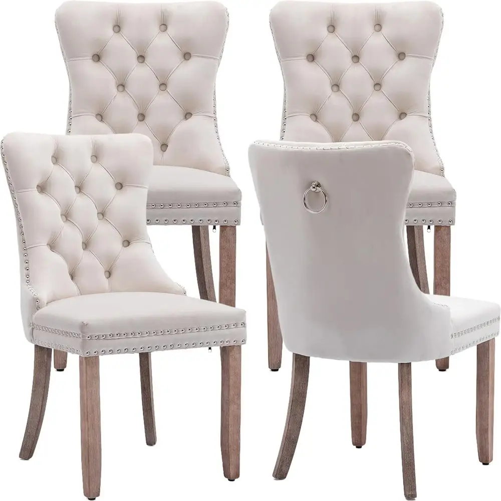 Set aus 4 beige Samt-Esszimmerstühlen mit hoher Rückenlehne und Zugringen, moderner Century-Stil