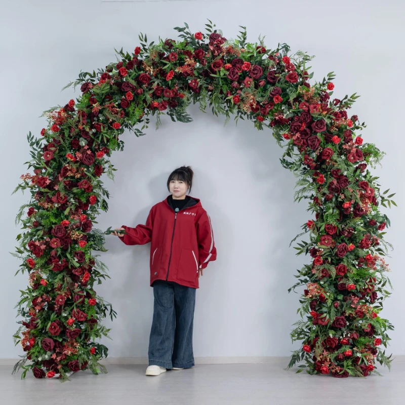 

New Wine Red Artificial Rose Green Plant U Shaped Arch Floral Arrangement Wedding Stage Decoration Iron Circle Heart Shaped Arch