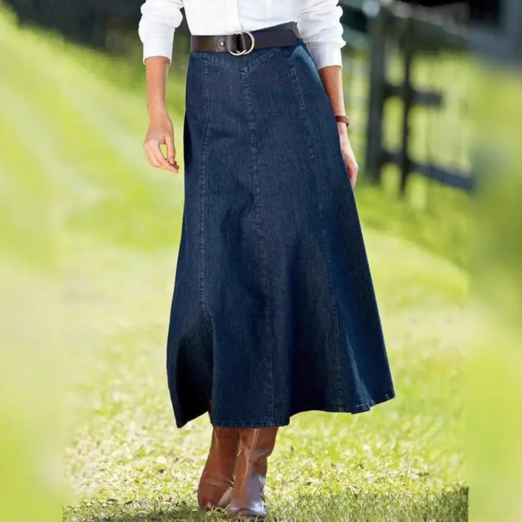 Jeansröcke für Damen, Vintage-Grundlagen, langer Rock, Stretch, gewaschen, Distressed-Reißverschluss, weiblich, 2025, Frühling, Sommer, Streetwear, A-Linie