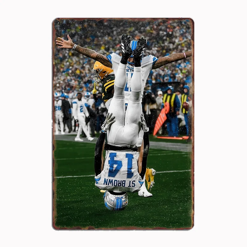 

Amon Ra St Brown Celebration Vintage Football Retro Metal Poster Sign Club Mural Wall Art Plaque Tin Room Decoration Home Decor