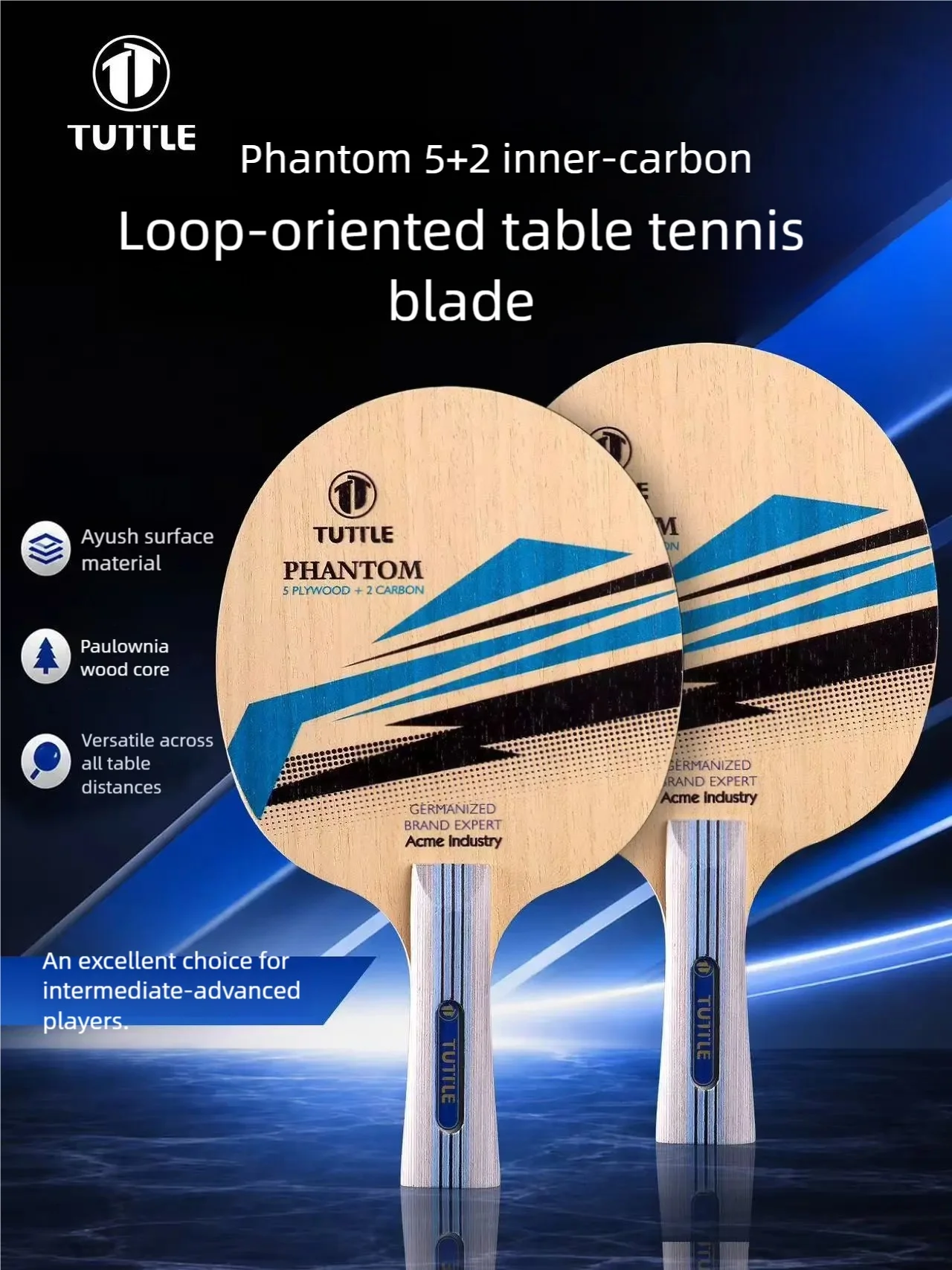 TUTTLE | Phantom model | Table Tennis Blade | 5-Wood + 2-Carbon Inner Construction | Shakehand Handle | Non‑Gift‑Box Packaging