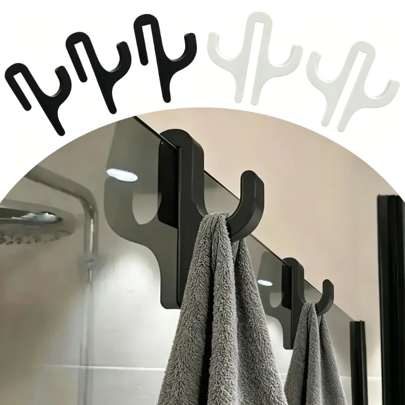 1~8 Piezas Gancho para Toallas de Puerta de Ducha de Baño, Forma de Cactus 3D, Blanco y Negro, Colgador para Ropa y Toallas en Puertas de Vidrio, Sin Perforación, Almacenamiento Doméstico