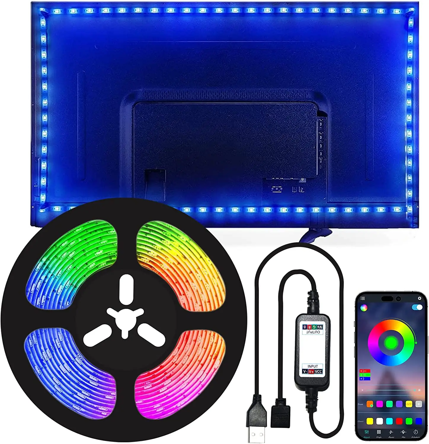 TV Backlight Monitor Display Background Tape Light USB RGB LED Strip Light With Bluetooth APP Sound Countrol 32inch-75inch TV