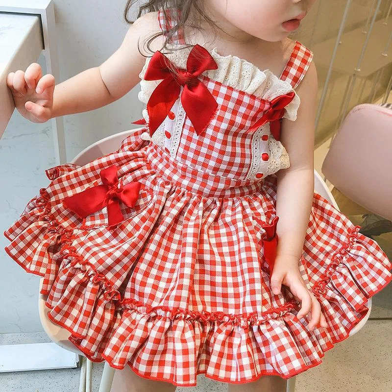 Girls Sleeveless Dress Baby Summer Bow Lace Decoration Gown Princess Children Trendy Cute Dress Kids Square Neck Clothing