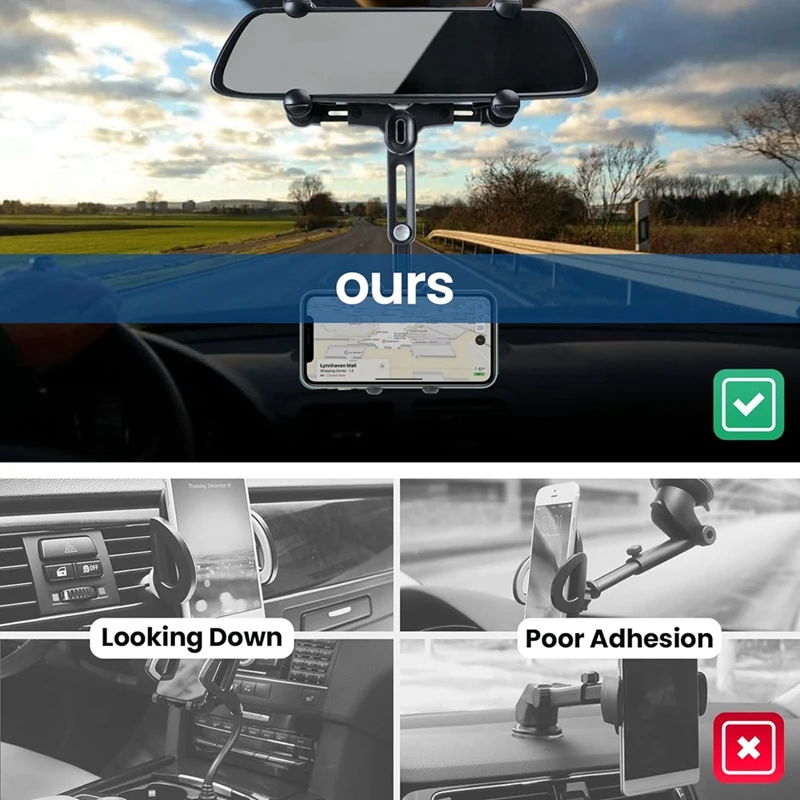 Rear View Mirror Phone Holder For Car, 360° Rotatable And Retractable Car Phone Holder, 4 Claws More Stable Phone Mount Durable