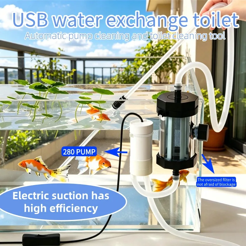 

USB fish tank suction and cleaning electric water exchanger with automatic 280 water pump, super large size with hanging filter