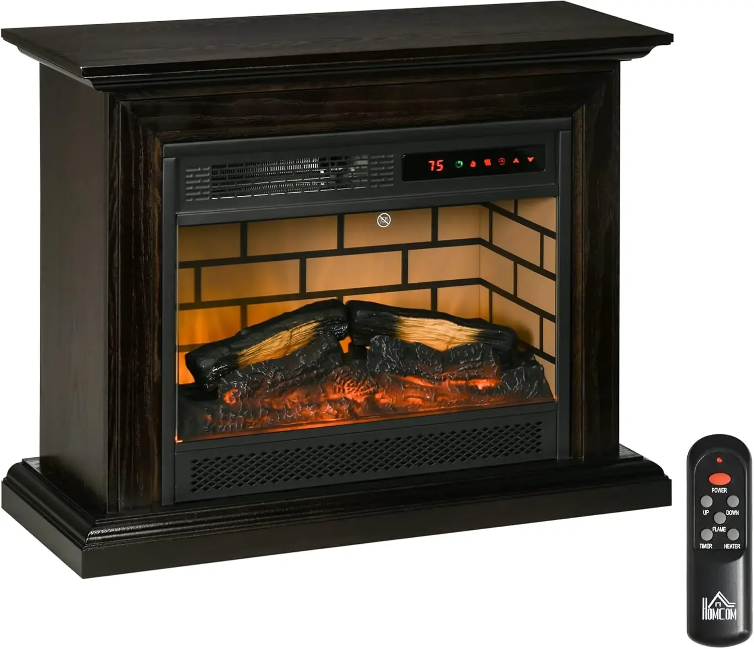 Fireplace with Dimmable Flame Effect and Mantel, Freestanding Space Heater with Log Hearth and Remote Control, 1400W, Brown