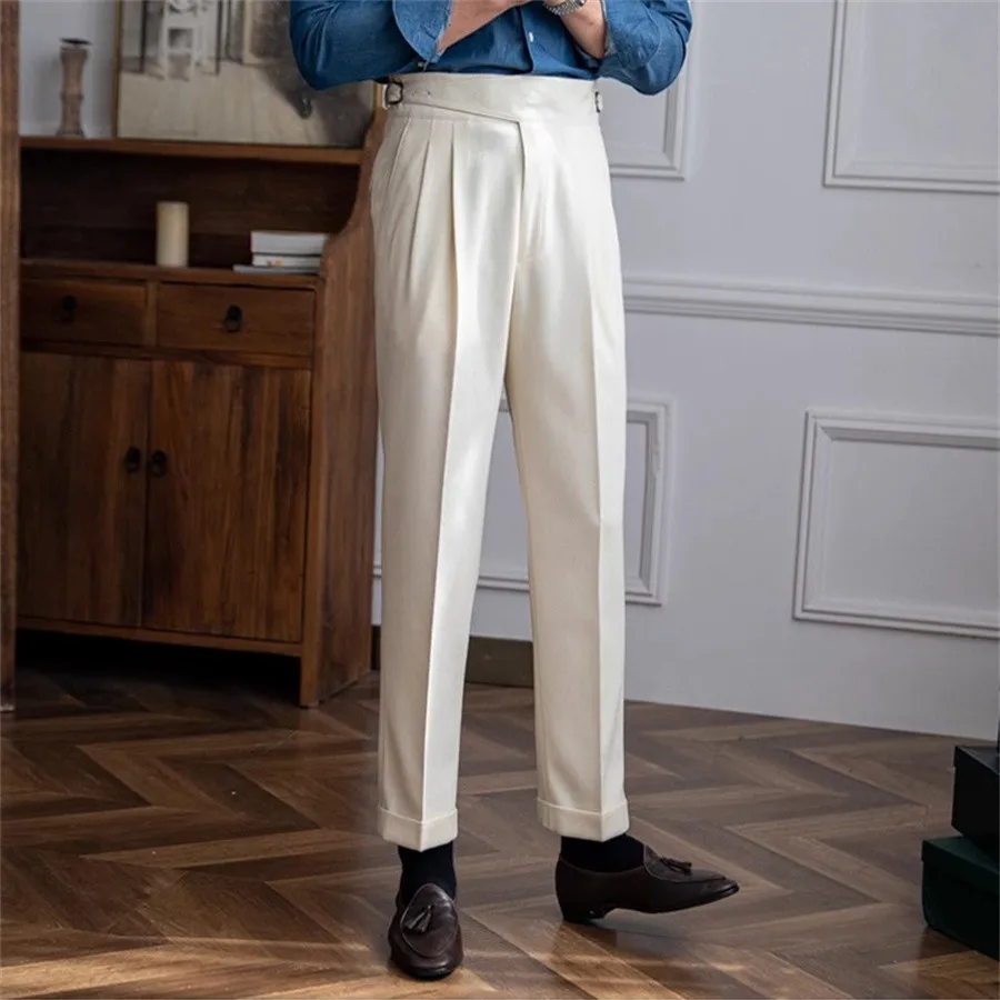 FJSpring-Pantalon plissé taille haute pour homme, vêtement de bureau, couleur unie, style streetwear