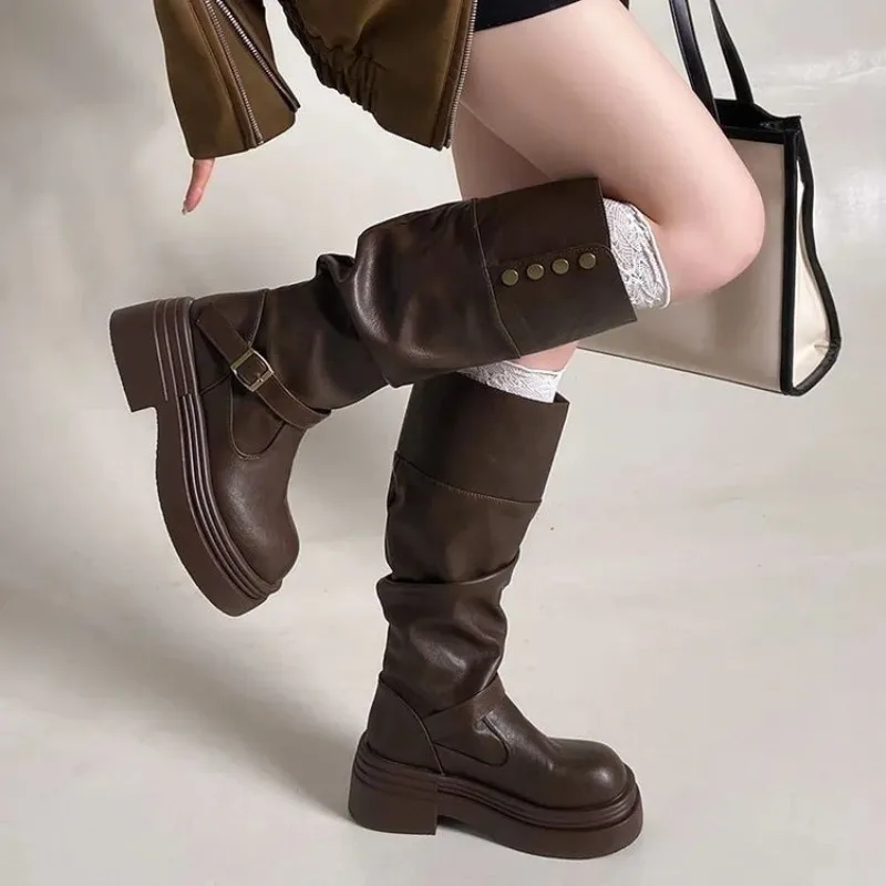 Y2K Cowgirl Style Women Slouch Knee High Boots Round Toe Faux Leather Foldable Cuff Buckle Rivet Thick Platform Boots