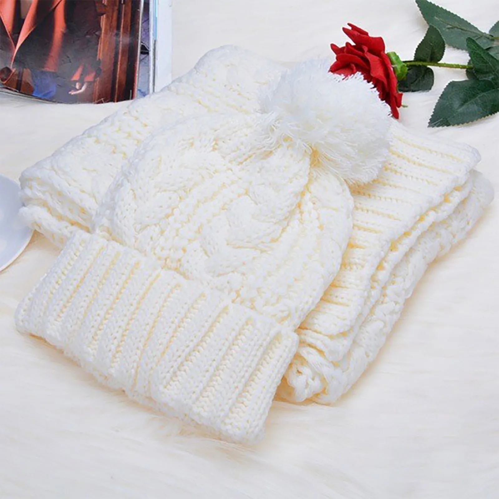 Knitted Hats Scarf Set Winter For Unisex Knitted Solid Color Cute Hat Autumn Female Wool Skull Warmer Bonnet Women Casual Cap