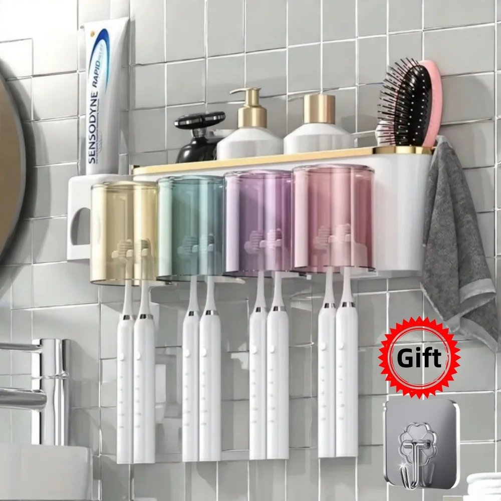 New Style Squeeze Toothbrush Holder Without Punching Mouthwash Cup Bathroom Wall-mounted Storage Box Toothbrush Set