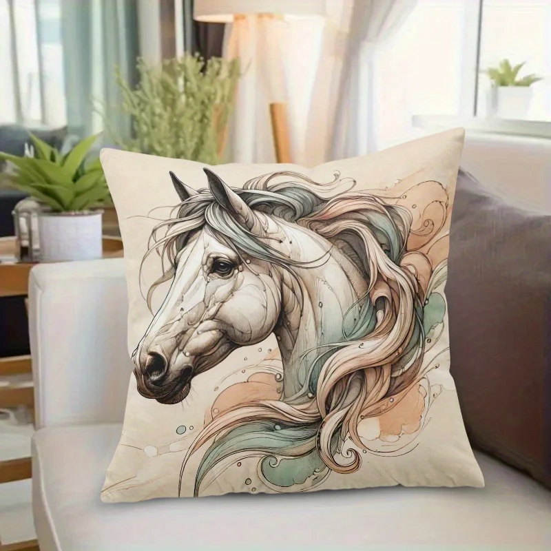 Watercolor Equine Portrait Pillow Cover Square Polyester Cushion Case – Flowing Mane Design, Hidden Zipper, Machine Washable,