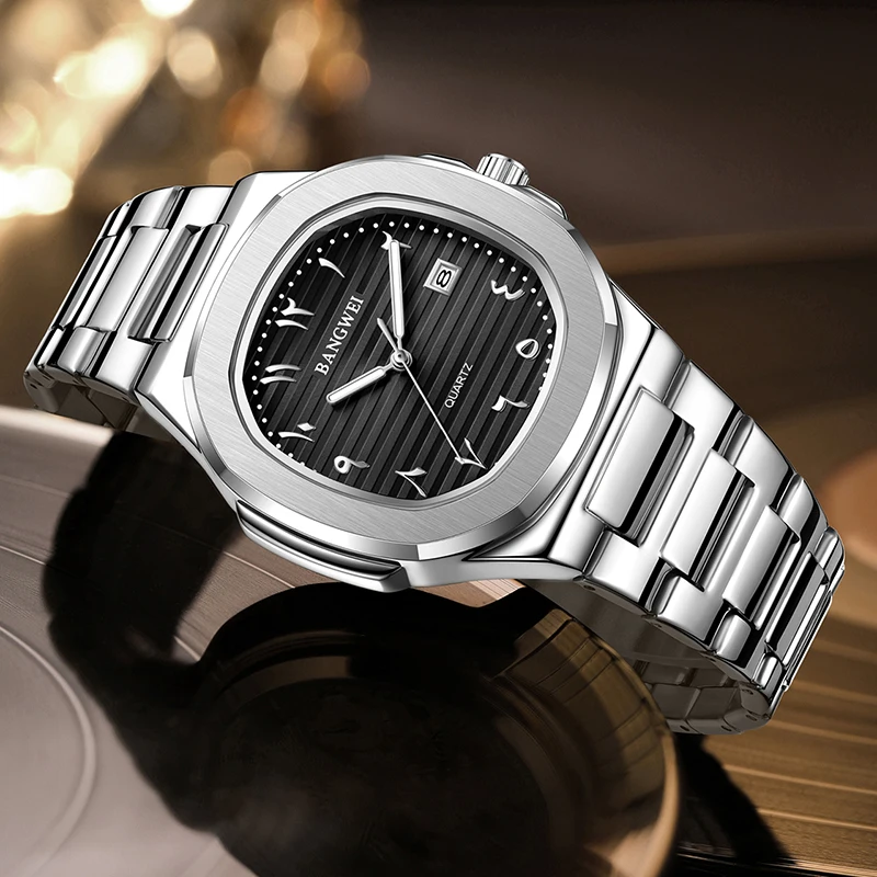 방웨이 남성용 고급 방수 사각 야광 날짜 스테인리스 스틸 캐주얼 쿼츠 시계 남성 시계 렐로즈 옴브레
