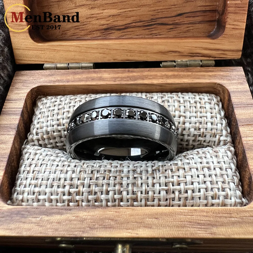 MenBand 8mm Mens Womens Engagement Eternity Wedding Band Black CZ Stone Inlay Tungsten Carbide Ring  Comfortable Fit