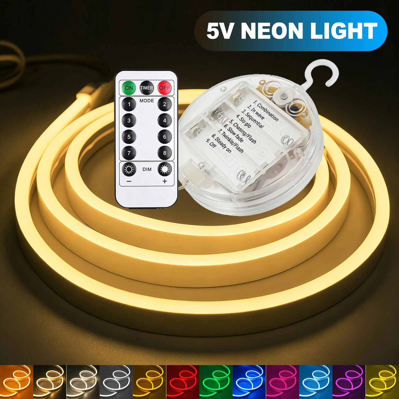 3AA Battery powered Neon Rope Light 8 Lighting Modes Waterproof White/Pink/Yellow/Blue Silicone Strip for Party Festival Decor