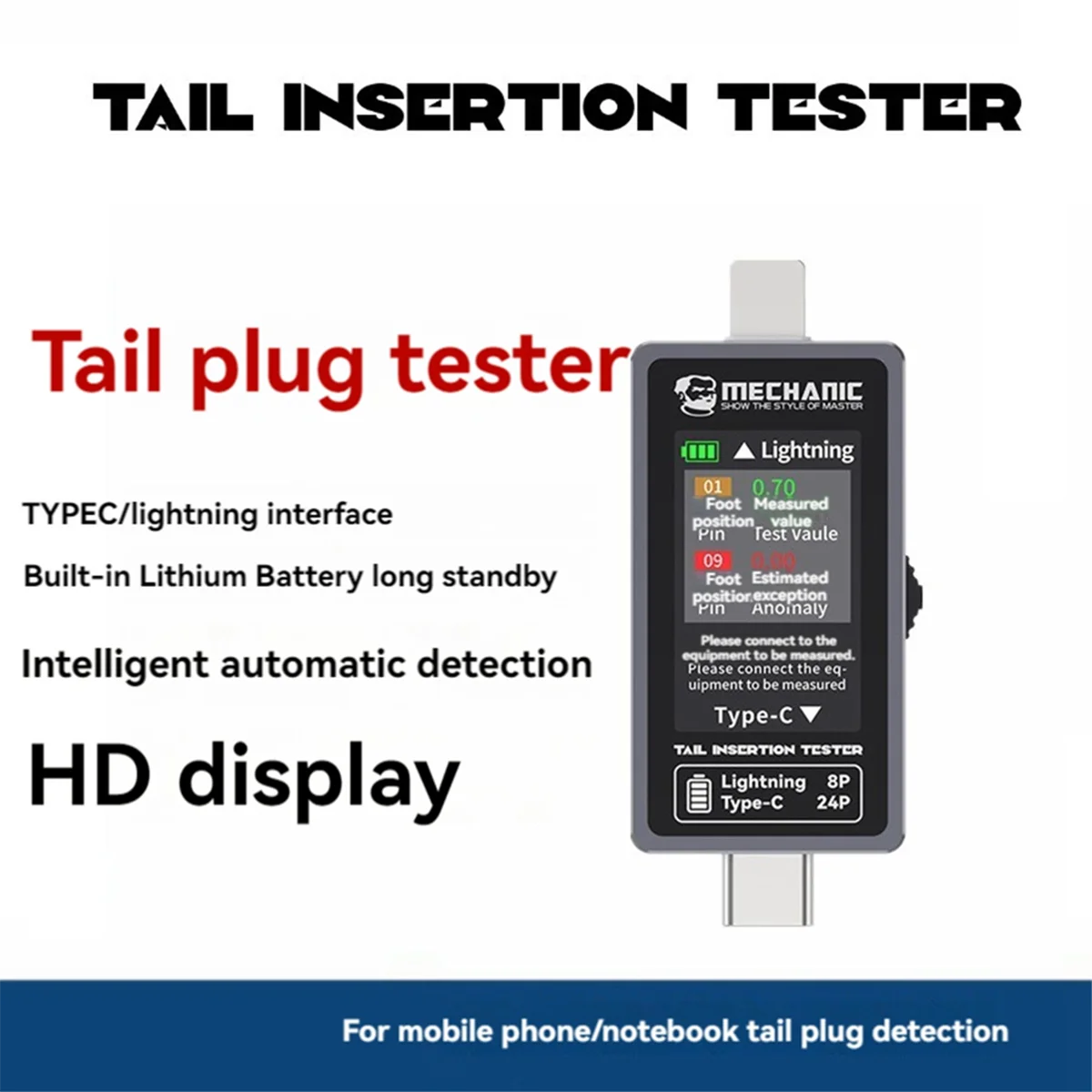 Mechanic T-824 No Disassembly Required Mobile Phone Tail Insertion Detector Digital Display Current Power Check Pin