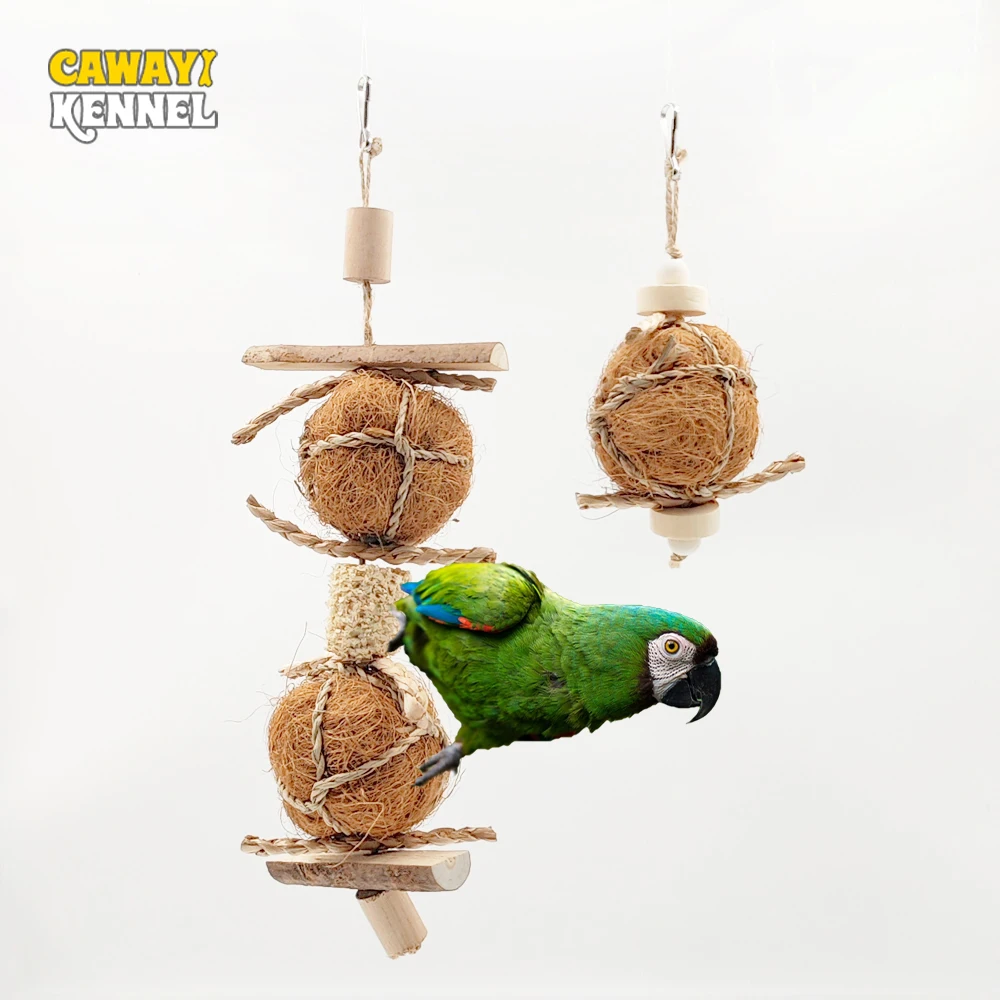 1 pc Natural Brown Silk Ball Bird Climb Hanging Toys Parrot Chew Toy Wooden Training Molar Toys for Bird Cage Pendant Supplies