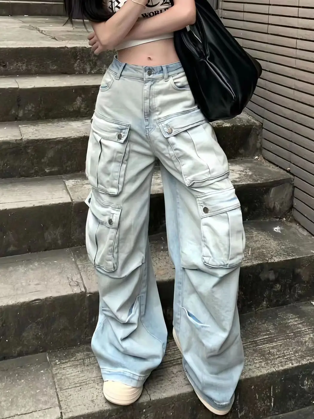 Frauen Jeans Hose Jeans Cargo taschen Mitte Taille Reiß verschluss fliegen lose flache High Street Frühling knöchel lange solide gespleißt