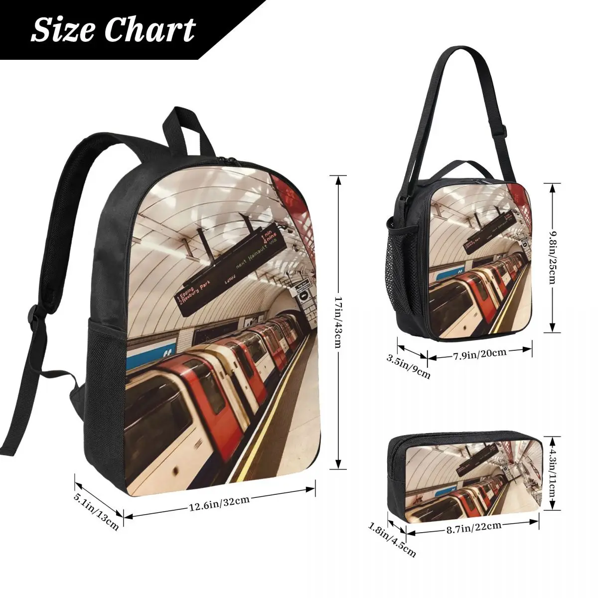 London Under Ground Station Backpack Student Boys Girls BookBag School Bag Shoulder Bags 3ps Insulated Lunch Bag Pencil Case
