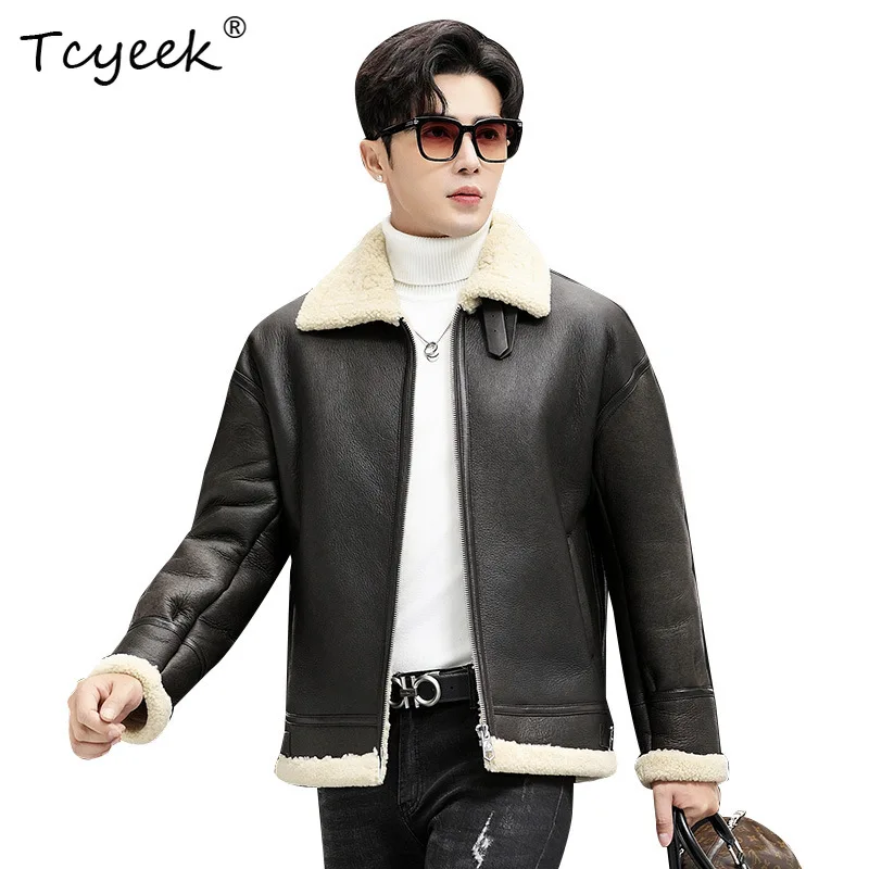 Tcyeek Natural Sheep Fur Coat Genuine Leather Motorcycle Jacket Men Warm Winter Clothes Lamb Wool Real Fur Coats Male Loose Fit